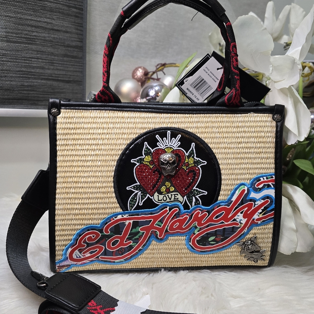 Ed Hardy Tattoo Heart Skull Embroidered Applique Metal Logo Plate Tote Bag new
